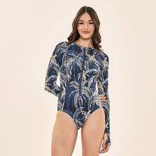 Indlæs billede i galleriet, Model Front: Uv Line Une Pièce Swimsuit Macae Coconut Palms Navy Blue Upf50+