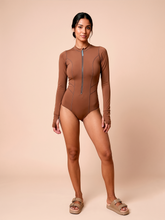 Indlæs billede i galleriet, Gallery: Uv Line Une Pièce Long Sleeve Swimsuit Macae Brown Upf50+