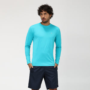 Model Front: Uv Line T-Shirt Camiseta Uvpro Ml Azul Piscina Upf50+