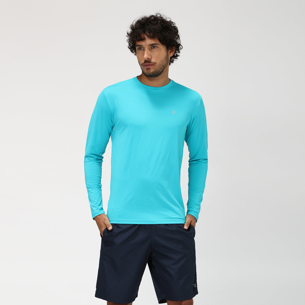 Model Front: Uv Line T-Shirt Camiseta Uvpro Ml Azul Piscina Upf50+